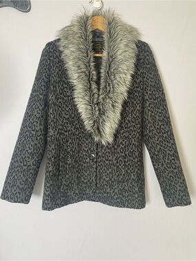 Frenchi Gray Leopard Print Faux Fur Collar Wool Blend Coat Jacket Size S